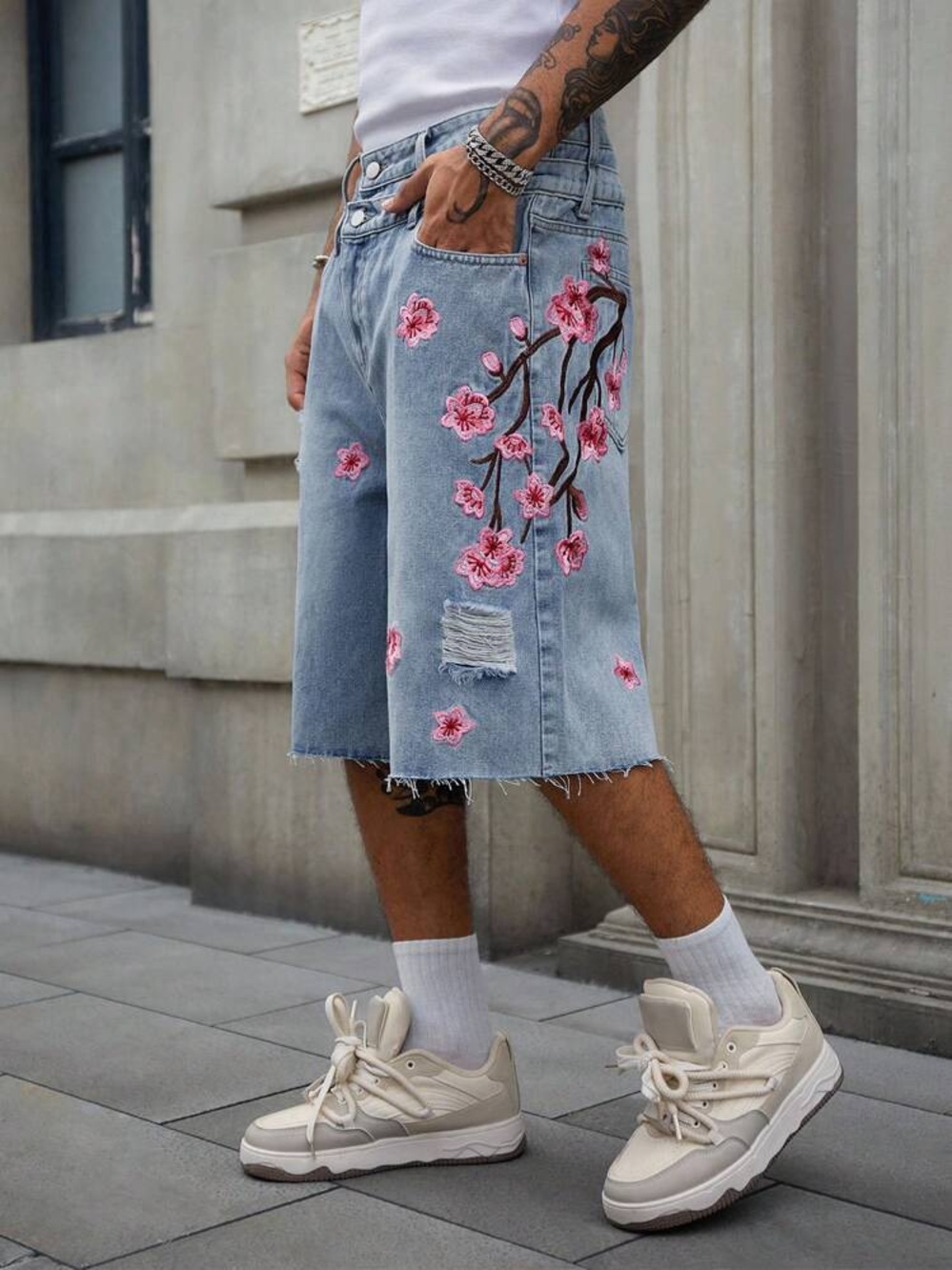 ROMWE Light Blue Denim Shorts with Pink Floral Embroidery